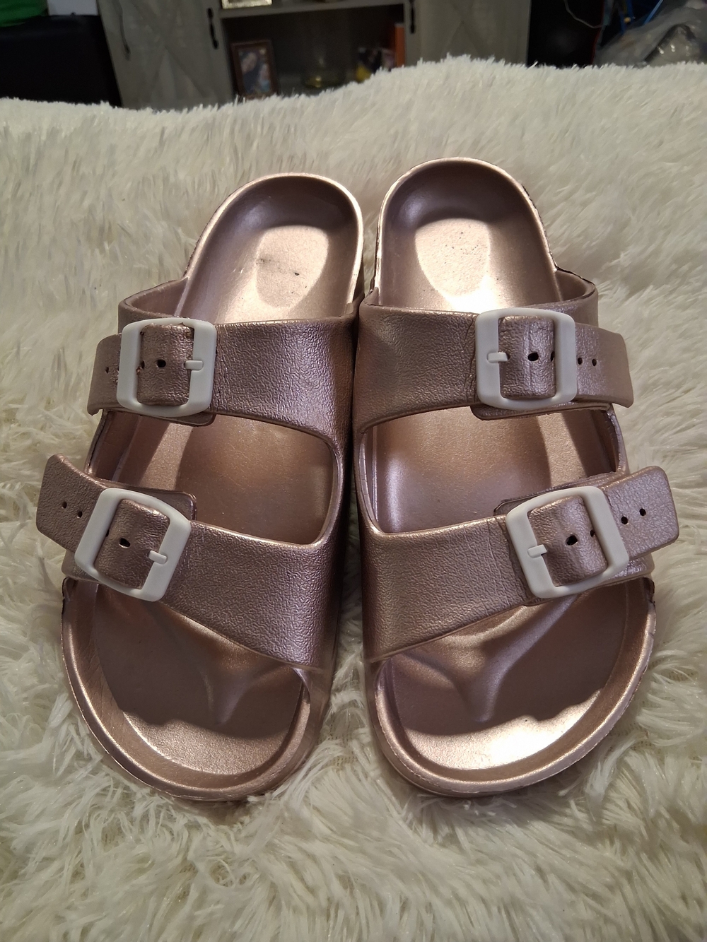 Women's Metallic Rose Gold Double-Buckle Slide Sandals